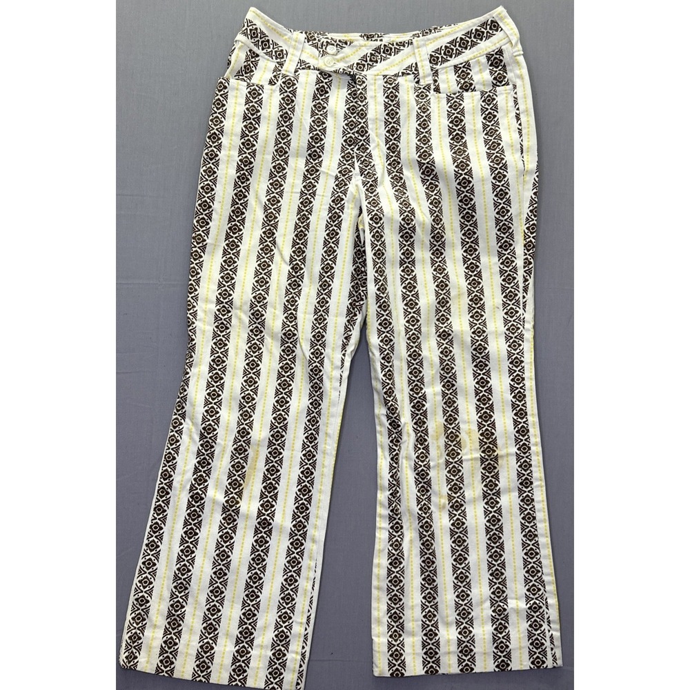 Vintage 70s Style Flare‎ Pants Brown Yellow Geometric Stripe Boho Bell Small
